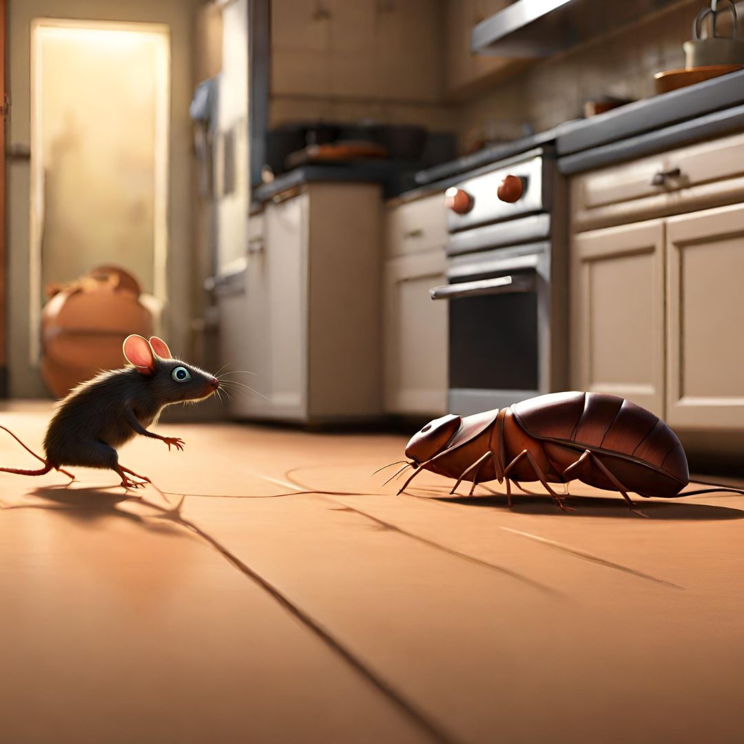 A mouse and roach on the floor of a kitchen