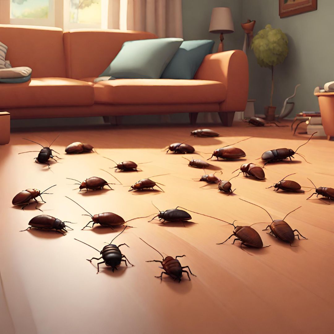 Roaches on the floor of a living room